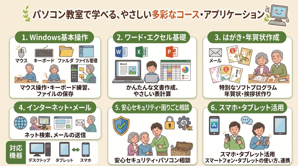 Windows基本操作（マウスの動かし方、クリック、文字入力・タイピング、ファイル保存）

ワード・エクセル基礎（簡単なお知らせやお便り作成、見やすい表づくり）

はがき・年賀状作成（筆ソフトを使った年賀状や季節の挨拶状作り）

インターネット・メール（安全な検索・閲覧、メールでのやり取り）

安心セキュリティ・困りごと相談（ウイルス対策の基本、パソコンの不調や操作のトラブルサポート）

スマホ・タブレット連携（スマホの写真取り込みや基本操作）